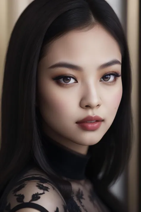a stunning intricate full color portrait of Jennie_blackpink woman, black hair, medium hair, lipstick, brown eyes, makeup, establishing shot, masterpiece, best quality,extremely detailed, intricate detail, fine detail, careful detail, up close portrait, ma...
