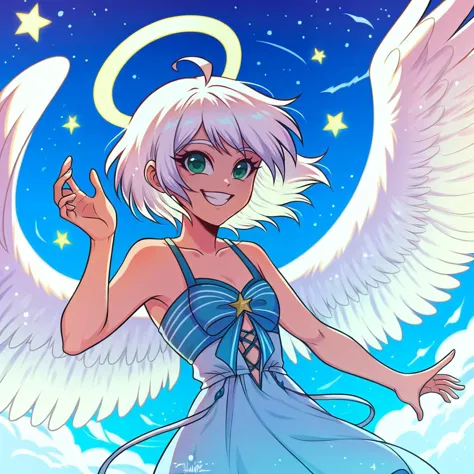 anime girl with angel wings and a blue dress in the sky