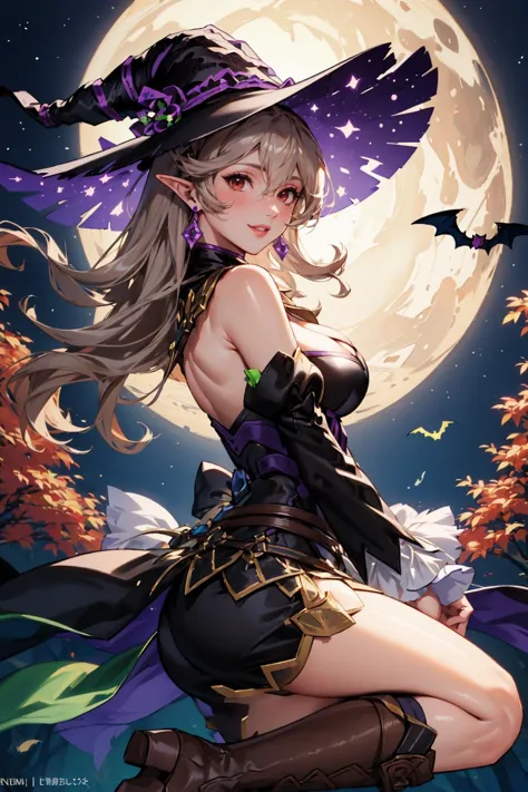 masterpiece, best quality, halCorrin, witch hat, halloween costume, cleavage, detached sleeves, earrings, brown boots, looking a...