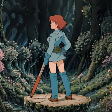 <lora:Nausicaa003:0.7>,
Nausicaa,1girl,
blue_dress,long_sleeves,
blue gloves,
spats,
knee_boots,
full body,
fungal_forest,