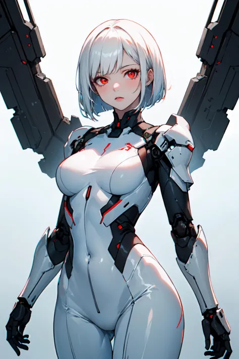 ((masterpiece:1.4, best quality:1.2)), 1girl with a short bob cut hair, white hair, red eyes, glowing eyes, wearing a white body...