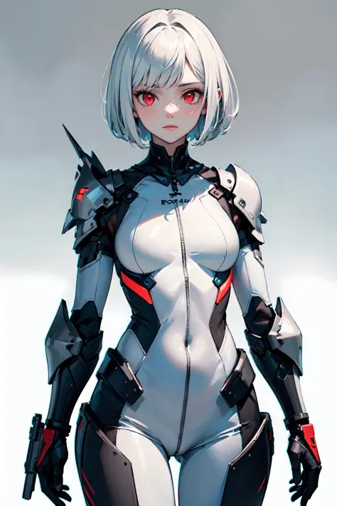((masterpiece:1.4, best quality:1.2)), 1girl with a short bob cut hair, white hair, red eyes, glowing eyes, wearing a white body...