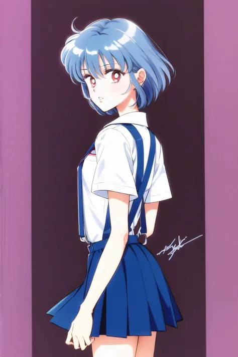 1girl, ayanami rei, solo, red eyes, short hair, school uniform, blue hair, tokyo-3 middle school uniform, signature, short sleeves, hair between eyes, suspender skirt, purple background, bangs, purple theme, shirt, cowboy shot, looking to the side, skirt, white shirt, looking at viewer, parted lips, suspenders,<lora:Takeuchi Naoko:0.8>