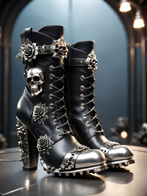 a close up of a pair of black boots with skulls on them