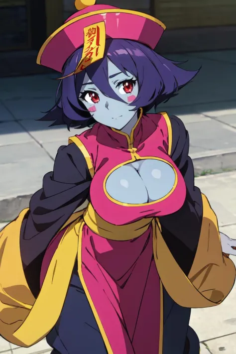 straight-on,pose,looking at viewer,solo, BREAK,
GAME_lei_lei_ownwaifu, www.ownwaifu.com,
lei lei, colored skin, short hair, blue skin, breasts, flipped hair, large breasts, red eyes, purple hair, hair between eyes, blush,
hat, jiangshi, chinese clothes, cl...