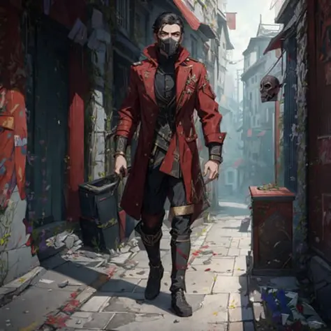 8k,4k,highres,high quality, absurdres, finely detail,ray tracking,cg,dishonored,1 man,assasin,coat,mask,full body
