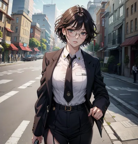 masterpiece, high quality, highres,absurdres, finely detail,ray tracking,manga,anime coloring,psycho-pass,1girl,crossed bangs,short hair,round face,cute,glasses,office suit,street,police,building,art by Edward John Poynter