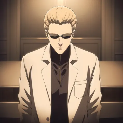 (Albert Wesker:1.4), upper body, highly detailed, highres, extremely detailed, detailed background, perfect eyes, perfect face, high quality, detailed face, anime, best quality, masterpiece, 4k, 8k, absurd resolution, cinematic lights, intricate detail, detailed hands, detailed eyes, animation, illustration, back combed hair, (blonde hair:1.4), combed back, hair back, short hair, comb back hair, (1man), back comb haircut, mature male, looking at viewer, shades, sunglasses, 1boy, black shirt, high definition, sharp focus, <lora:neg4all_bdsqlsz_V3.5:1>, OverallDetail, deep shadow, dimly lit, shade, animification, <lora:dreamlookai_lora_db_bb89d853_ckp_9966b693_step_3000_Wesker:0.7> wesker, <lora:Hiroyuki Kitazume:0.4>, edgQuality, Illust-InstaFilter, <lora:beard_slider_v10:-3>, <lora:gender_slider_v1:-4>, Best_QualityPos, Earth-QualityPos, BodyPositive, slick back hair, <lora:AlbertWeskerRE:0.5> AlbertWeskerRE, <lora:neg_bdsqlsz_V2:1>, <lora:hyperdenoiser_v090:0.6>, <lora:hyperrefiner_v090:0.6>, <lora:REAlbertWesker:0.7> REAlbertWesker, (full body), <lora:LabCoat-000007:1> (lab coat), (open lab coat), (white lab coat), laboratory, (culture tank), (adjusting glasses on nose),