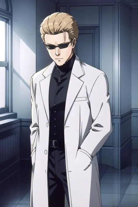 (Albert Wesker:1.4), upper body, highly detailed, highres, extremely detailed, detailed background, perfect eyes, perfect face, high quality, detailed face, anime, best quality, masterpiece, 4k, 8k, absurd resolution, cinematic lights, intricate detail, detailed hands, detailed eyes, animation, illustration, back combed hair, (blonde hair:1.4), combed back, hair back, short hair, comb back hair, (1man), back comb haircut, mature male, looking at viewer, shades, sunglasses, 1boy, black shirt, high definition, sharp focus, <lora:neg4all_bdsqlsz_V3.5:1>, OverallDetail, deep shadow, dimly lit, shade, animification, <lora:dreamlookai_lora_db_bb89d853_ckp_9966b693_step_3000_Wesker:0.7> wesker, <lora:Hiroyuki Kitazume:0.4>, edgQuality, Illust-InstaFilter, <lora:beard_slider_v10:-3>, <lora:gender_slider_v1:-4>, Best_QualityPos, Earth-QualityPos, BodyPositive, slick back hair, <lora:AlbertWeskerRE:0.5> AlbertWeskerRE, <lora:neg_bdsqlsz_V2:1>, <lora:hyperdenoiser_v090:0.6>, <lora:hyperrefiner_v090:0.6>, <lora:REAlbertWesker:0.7> REAlbertWesker, (full body), <lora:LabCoat-000007:1> (lab coat), (open lab coat), (white lab coat)