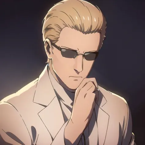 (Albert Wesker:1.4), upper body, highly detailed, highres, extremely detailed, detailed background, perfect eyes, perfect face, high quality, detailed face, anime, best quality, masterpiece, 4k, 8k, absurd resolution, cinematic lights, intricate detail, detailed hands, detailed eyes, animation, illustration, back combed hair, (blonde hair:1.4), combed back, hair back, short hair, comb back hair, (1man), back comb haircut, mature male, looking at viewer, shades, sunglasses, 1boy, black shirt, high definition, sharp focus, <lora:neg4all_bdsqlsz_V3.5:1>, OverallDetail, deep shadow, dimly lit, shade, animification, <lora:dreamlookai_lora_db_bb89d853_ckp_9966b693_step_3000_Wesker:0.7> wesker, <lora:Hiroyuki Kitazume:0.4>, edgQuality, Illust-InstaFilter, <lora:beard_slider_v10:-3>, <lora:gender_slider_v1:-4>, Best_QualityPos, Earth-QualityPos, BodyPositive, slick back hair, <lora:AlbertWeskerRE:0.5> AlbertWeskerRE, <lora:neg_bdsqlsz_V2:1>, <lora:hyperdenoiser_v090:0.6>, <lora:hyperrefiner_v090:0.6>, <lora:REAlbertWesker:0.7> REAlbertWesker, <lora:LabCoat-000007:1> (lab coat), (open lab coat), (white lab coat), laboratory, (culture tank), (adjusting glasses on nose),