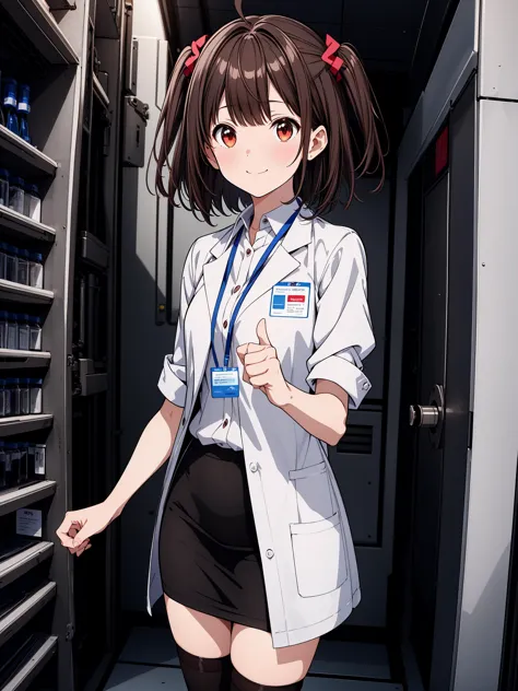 anime girl in uniform standing in a hallway with a bottle of water