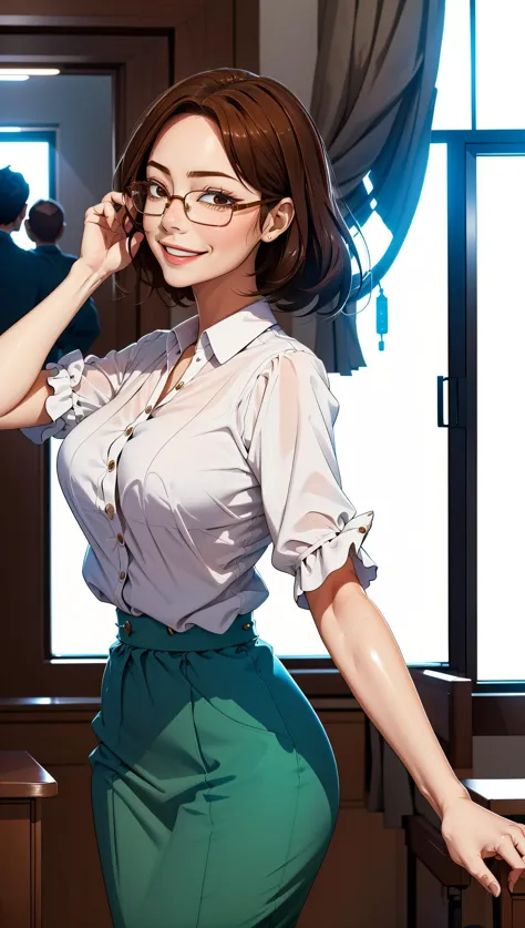 anime woman in glasses posing in front of a window with a cell phone