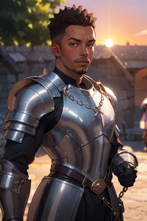 face portrait of an (african man:1.2), (medieval full armor:1.2), shiny metal reflections, upper body, outdoors, intense sunligh...