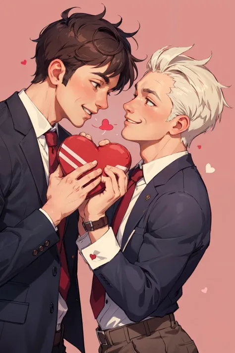 2boys, aged up males, gay couple, love is in the air, hearts, happy expression, valentines day, best quality, masterpiece, extre...