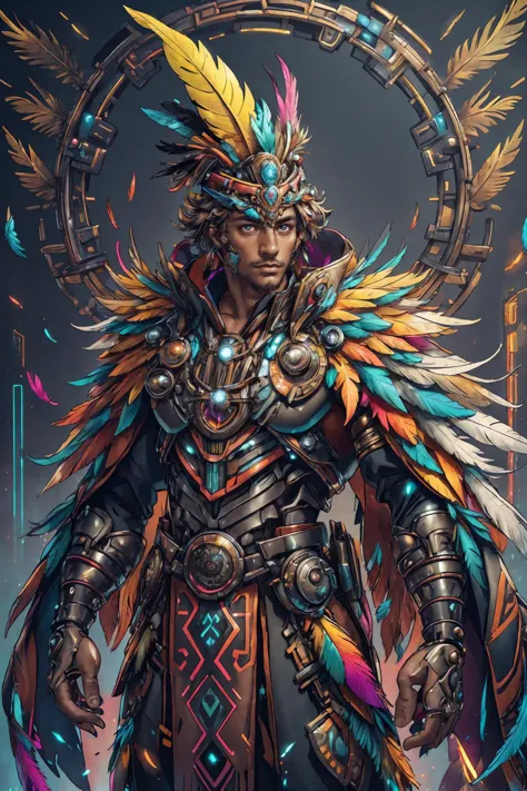azt3ch, photo of a south american man wearing (royal outfit), science fiction, neon light, mechanical, feathers, dynamic pose, f...