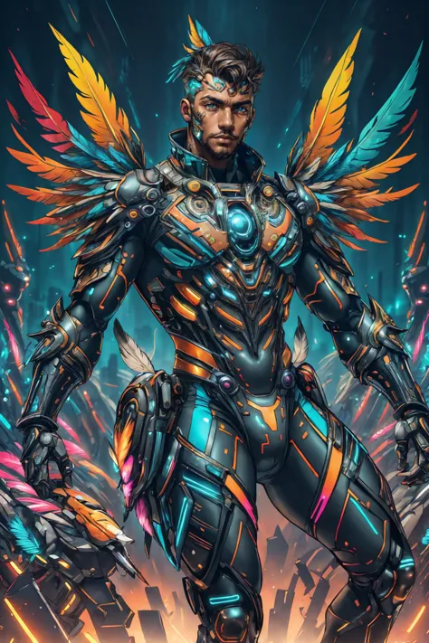azt3ch, photo of a south american man wearing bodysuit, science fiction, neon light, mechanical, feathers, dynamic pose, fantasy...