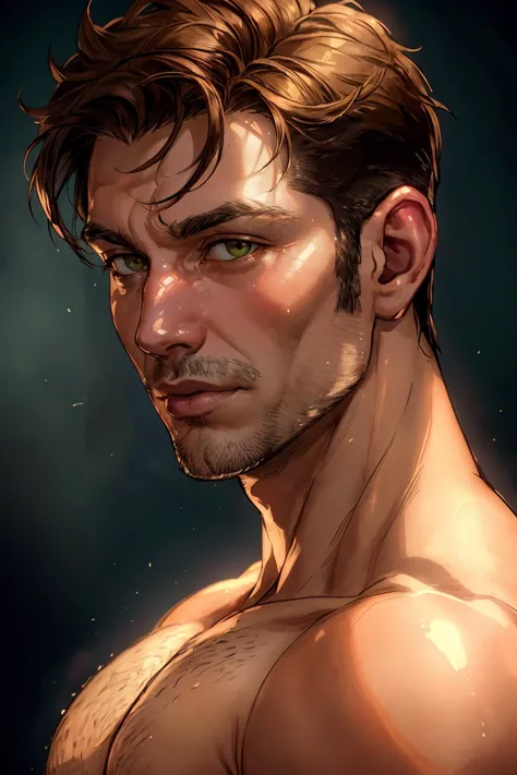 portrait of a man, 40 y.o, ((face close-up)), brown hair, green-brown eyes, stubble, short undercut hair, muscular, shirtless, (from side:0.6), best quality, masterpiece, extremely detailed, intricate details, sharp focus, soft lighting, vibrant colors, cinematic photography, volumetric lighting, film grain, hard shadows, chiaroscuro, filmic, subsurface scattering