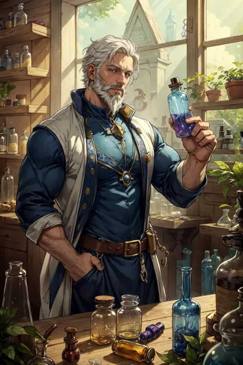 a male alchemist, in an alchemy shop, (large quantity, Magic Potion Bottles), chemical ingredients, beard, older, window, sunlight, plants, muscular, white hair, best quality, masterpiece, extremely detailed, intricate details