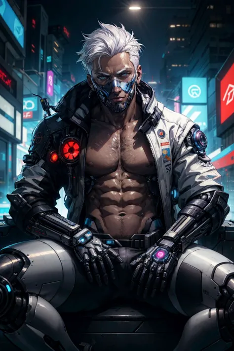 closeup face focus, ultra realistic futuristic cyberpunk muscular male with white hair sitting, cyberpunk face (cyber eyes), coo...