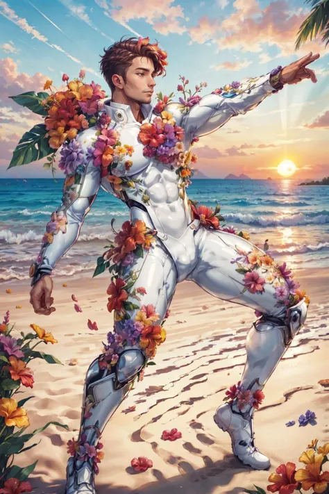 a painting of a man in a suit with flowers on his body