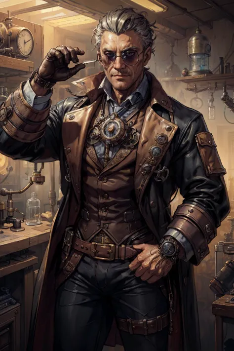 An old evil scientist man wearing steampunk sunglasses in a dark steampunk science lab, muscular, masterpiece, intricate details...