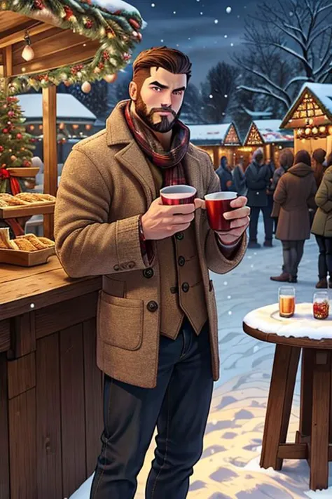 25 year old handsome man, manly, muscular, brown short hair, short stubble beard, holding 2 cups of hot wine, standing next to s...