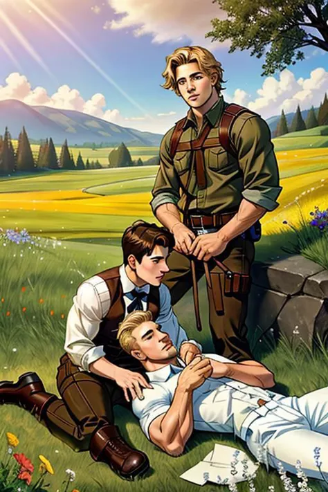 A perfect gay couple of lovers, 2boys, first man dark brown short hair and second man blond hair, dark brown eyes, sitting on the ground, romance fantasy movie, flowers, in the hillside
film grain, photorealsitic, soft light, exposure blend, medium shot, realistic illustration,