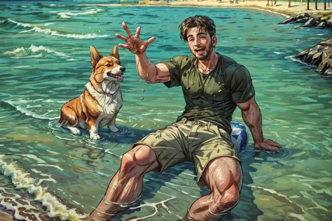 chrisevans person, corgi style by snatti, PIXIV, energetic, adventurous, happy, smile, water splash, (beach ball:0.5), warm colo...