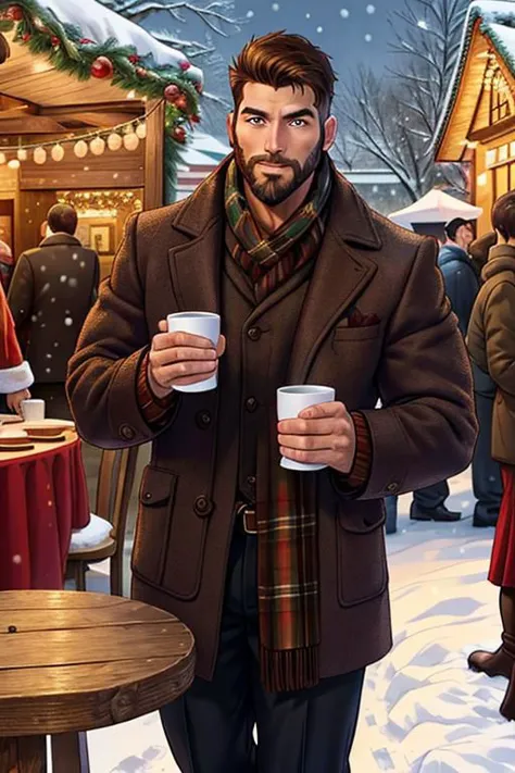 30 year old handsome man, manly, muscular, brown stubble hair, medium stubble beard, holding 2 cups of hot wine, standing next t...