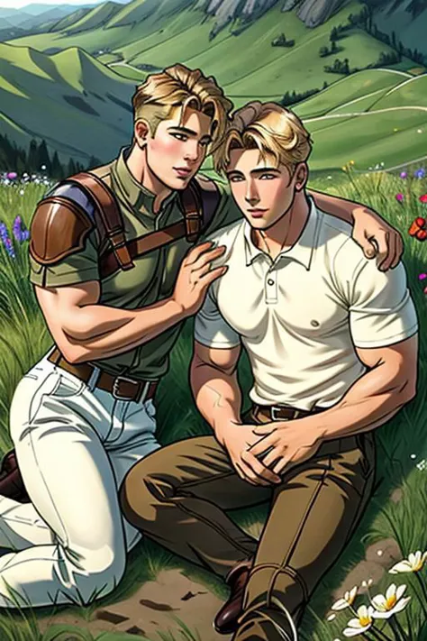 A perfect gay couple of lovers, 2boys, first man dark brown short hair and second man blond hair, dark brown eyes, sitting on th...