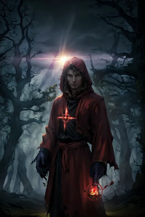 Disney animation, masterpiece, perfect face, expressive eyes, 1elf, handsome, male, red priest robes, hood, torn clothes, spellc...