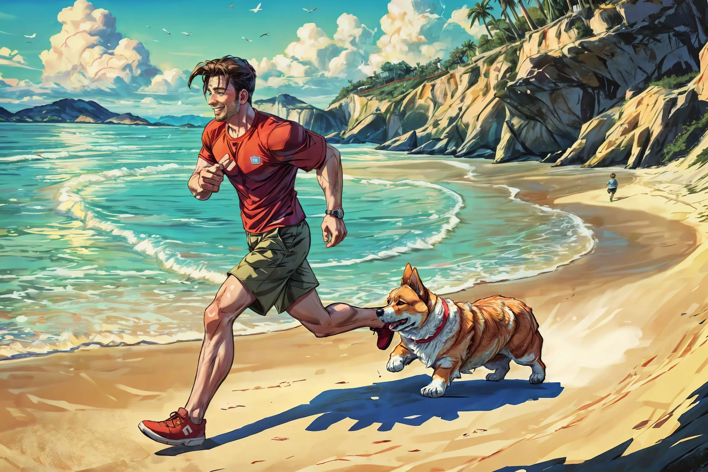 medium full shot, chrisevans person playing with his pet on the beach, corgi style by snatti, PIXIV, running, energetic, adventurous, happy, (beach ball:0.75), wearing khaki shorts, warm colors,
(masterpiece), best quality, (absurdres), deep focus, intricate details, 8k, HDR, detailed background,
