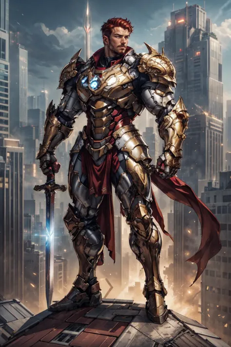 photo of a man, wearing mechanical red gold knight armor, a futuristic city skyline, standing on a rooftop of a skyscraper, muscular, <lora:Clothing - StarkTech Armor:0.4>, st4rk4rmor, glowing, holding sword, best quality, extremely detailed, intricate details, male focus