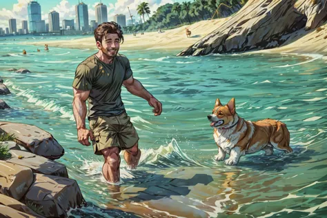 chrisevans pessoa, corgi de estimação, estilo corgi por snatti, pixiv, feliz, sorriso, cores quentes,
(obra de arte), melhor qualidade, (absurdos), foco profundo, detalhes intrincados, 8K, HDR, fundo detalhado,
