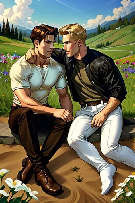 A perfect gay couple of lovers, 2boys, first man dark brown short hair and second man blond hair, dark brown eyes, sitting on th...