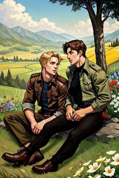 A perfect gay couple of lovers, 2boys, first man dark brown short hair and second man blond hair, dark brown eyes, sitting on th...