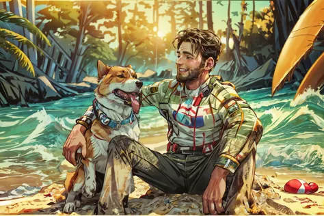 medium full shot, chrisevans person playing with his pet on the beach, corgi style by snatti, PIXIV, energetic, adventurous, hap...