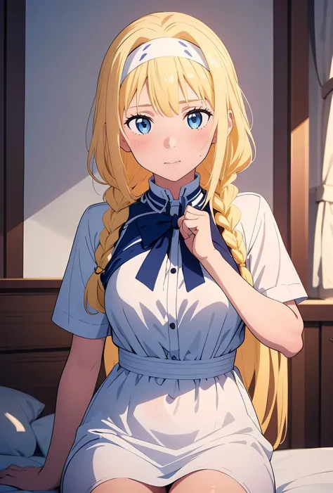 (masterpiece, best quality), 1girl,   <lora:1728800639201686717:0.8> (Alice), bangs, blue eyes, blonde hair, very long hair, single braid, braided ponytail, hairband