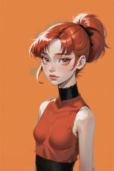 red hair,  blossom,  red dress,  dress,  flat chest,  red eyes,  ponytail,  red hair ribbon,  powerpuff girls,  simple background,  solo focus,  standing,  upper body,  bare shoulders,  sleeveless,  straight hair, (blossom),  hair ribbon,  orange hair,<lora:EMS-11559-EMS:0.700000>,<lora:EMS-70789-EMS:0.400000>