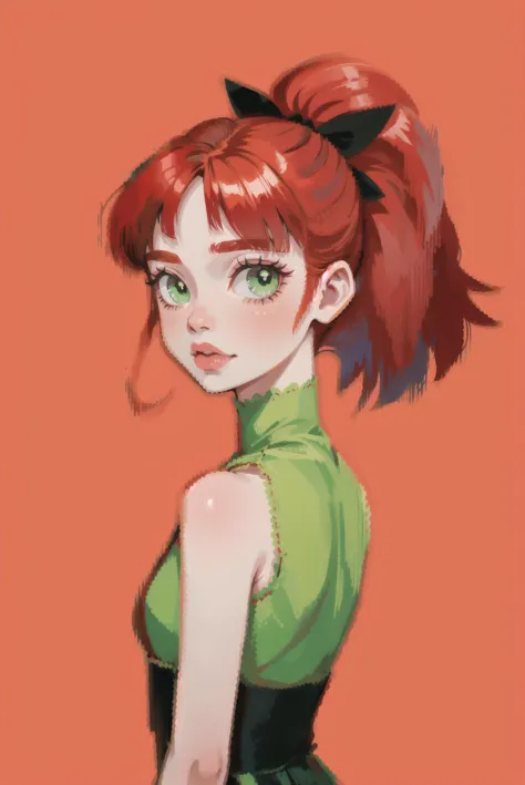 red hair,  blossom,  red dress,  dress,  flat chest,  green eyes,  ponytail,  red hair ribbon,  powerpuff girls,  simple background,  solo focus,  standing,  teeth,  upper body,  bare shoulders,  sleeveless,  straight hair, (blossom),<lora:EMS-11559-EMS:0.800000>