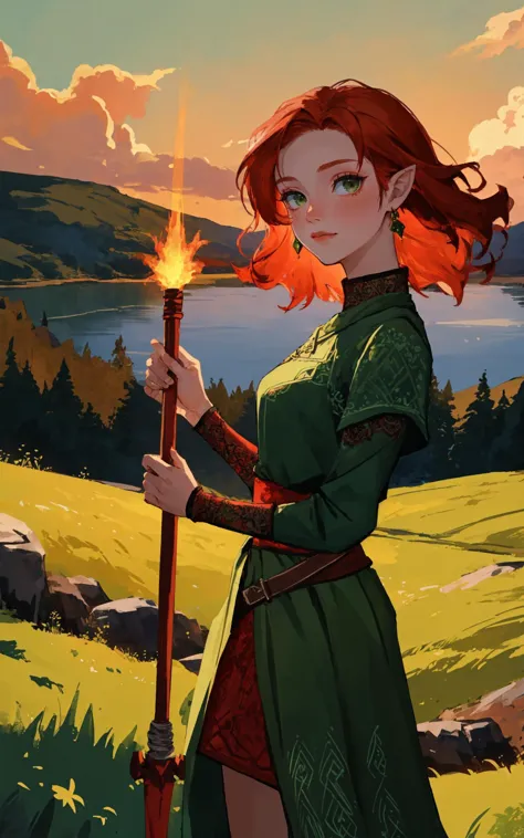 (perfect adorable face:1.3), outdoor Scottish highlands, vivid sunset hues, fantasy setting. A striking redhead woman, (distinctly Scottish), wearing an elaborate elven inspired gown is a fusion of deep emerald green and earthy browns, with intricate Celtic knotwork embroidery in gold thread, Flowing sleeves, a fitted bodice+, short skirt , fiery red hair is styled in a cascade of loose curls, green eye, stands atop a grassy knoll, overlooking a misty loch. In her hands, she holds an ancient, rune carved staff, emanating a soft, other worldly glow.,