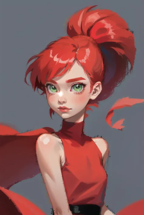 red hair,  blossom,  red dress,  dress,  flat chest,  green eyes,  ponytail,  red hair ribbon,  powerpuff girls,  simple backgro...