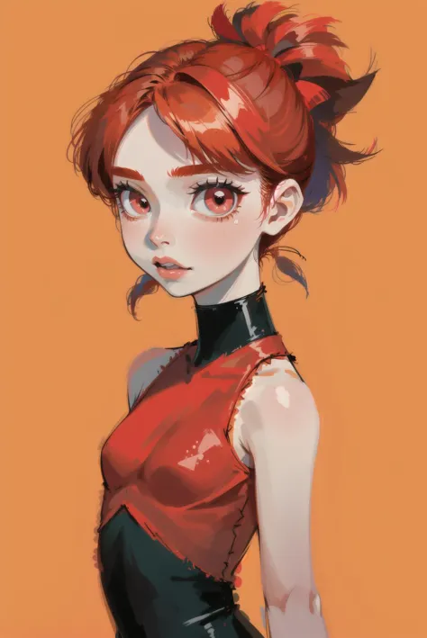 red hair,  blossom,  red dress,  dress,  flat chest,  red eyes,  ponytail,  red hair ribbon,  powerpuff girls,  simple backgroun...