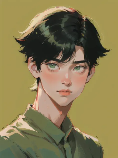 a drawing of a young man with a green shirt and black hair