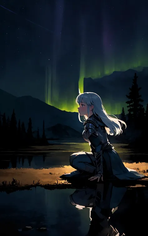 a woman sitting on a rock in front of a lake under a green aurora light