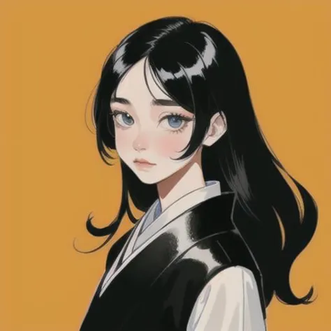 1 girl, black hair, long hair, detailed face, clouse eyes, simple background, blue background, Chinese ink painting , (best quality:1.5),  drawing, looking at viewer, close-up,  upper body,   <lora:Flat_Art_Style_v2:0.3>