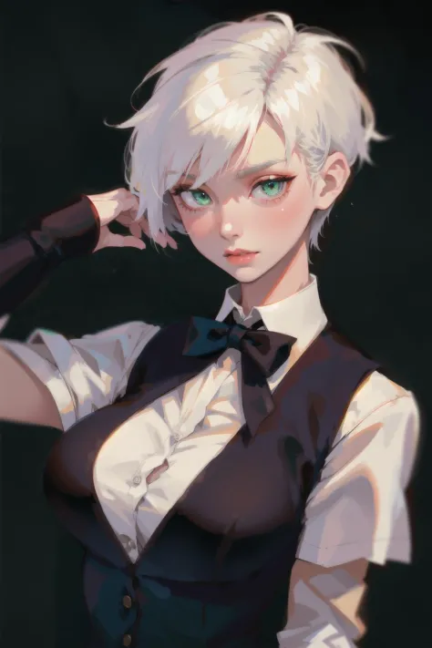 1girl,  green eyes,  eyes , white hair, razor cut hair, short hair, best quality, absurdres, dark theme, (large breasts:1.1), si...