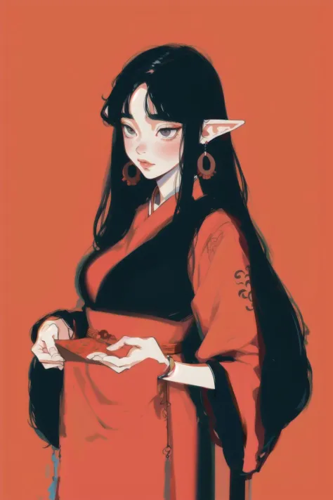 Elf with long black hair, black eyes, wearing a red chinese dress, fold earrings, traditional, medium breast, solo, simple backg...