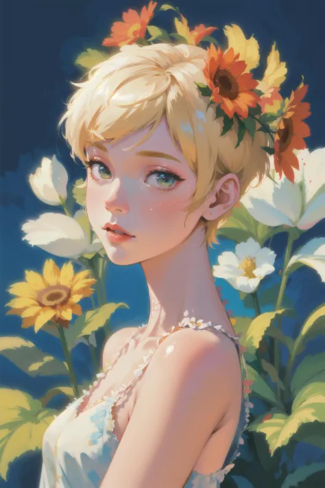 a woman with simple dress, short hair, blonde, global illumination, a photorealistic water painting, in the middle of flowers, l...