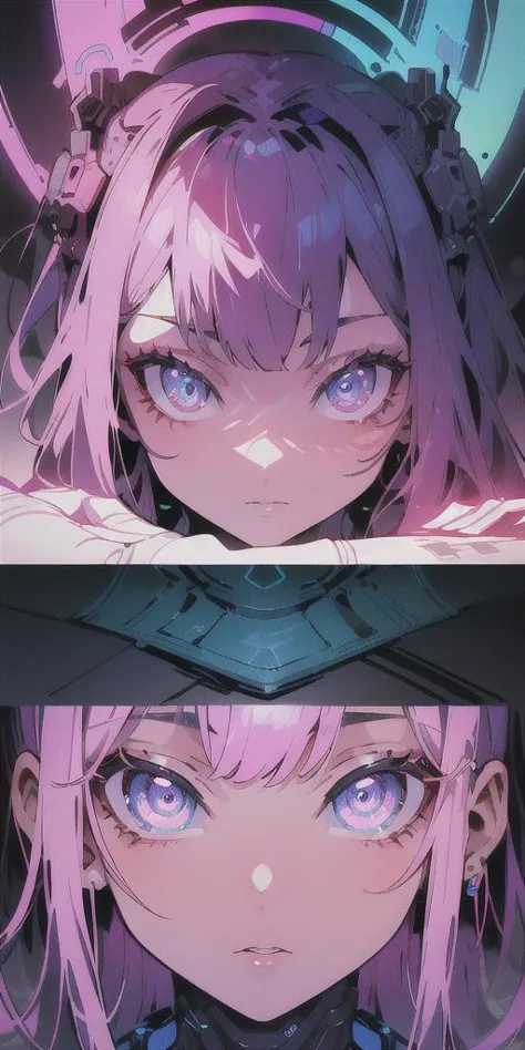 two images of a girl with blue eyes and a pink hair